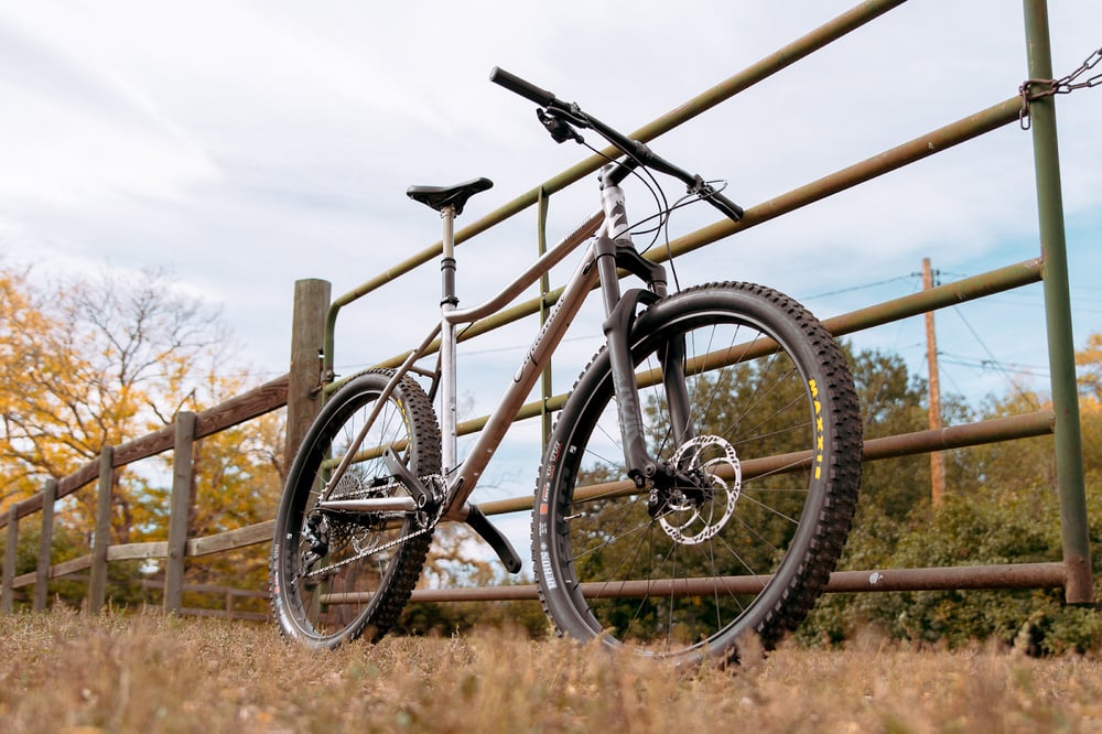 Steer 29 plus bike with flat handlebars leaning against a fence in autumn weather